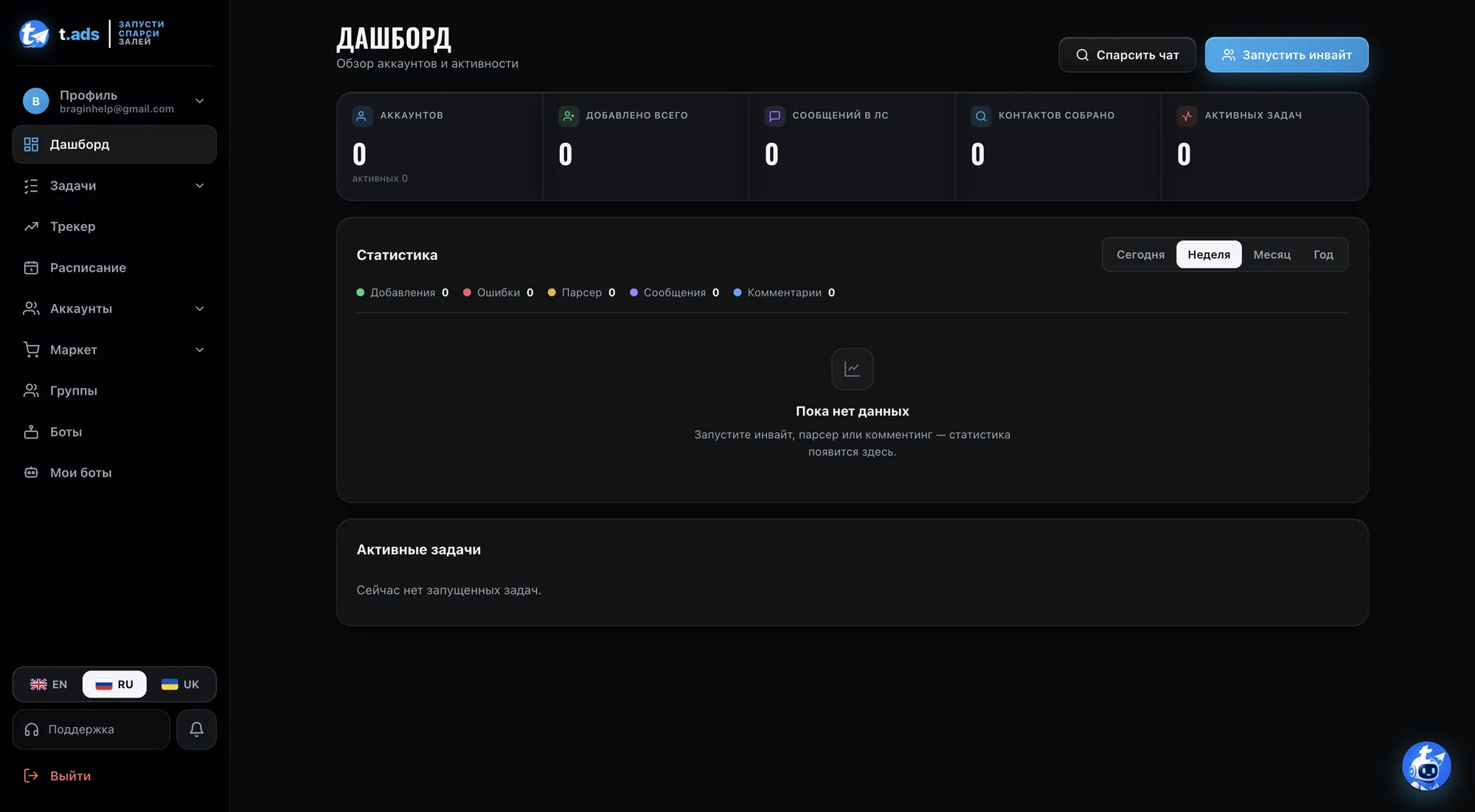 Панель t.ads — Дашборд